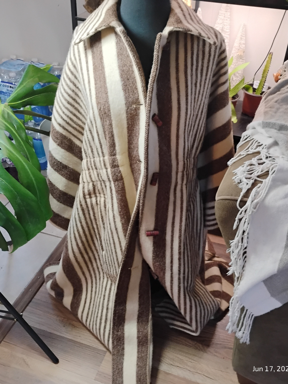 Vintage Casa De Lana Striped Brown and Cream 100% Virgin Wool Toggle Poncho Coat